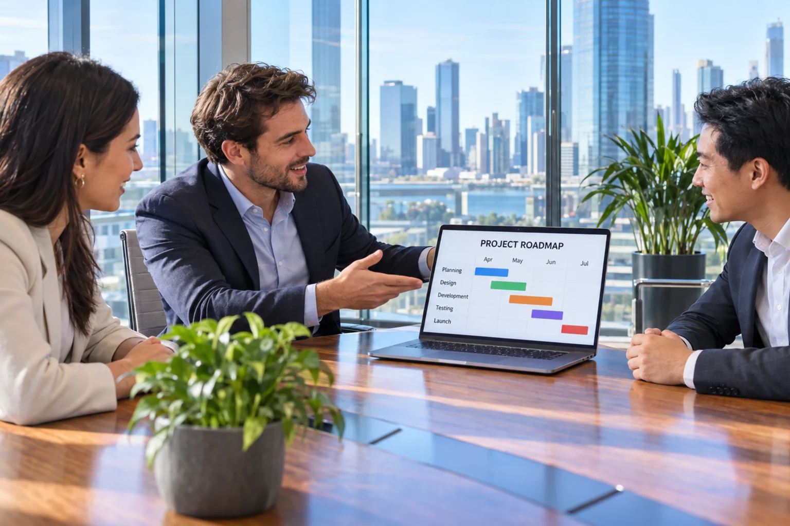Consultants reviewing a project roadmap on a laptop with a Dallas view, representing IT consulting for DFW companies