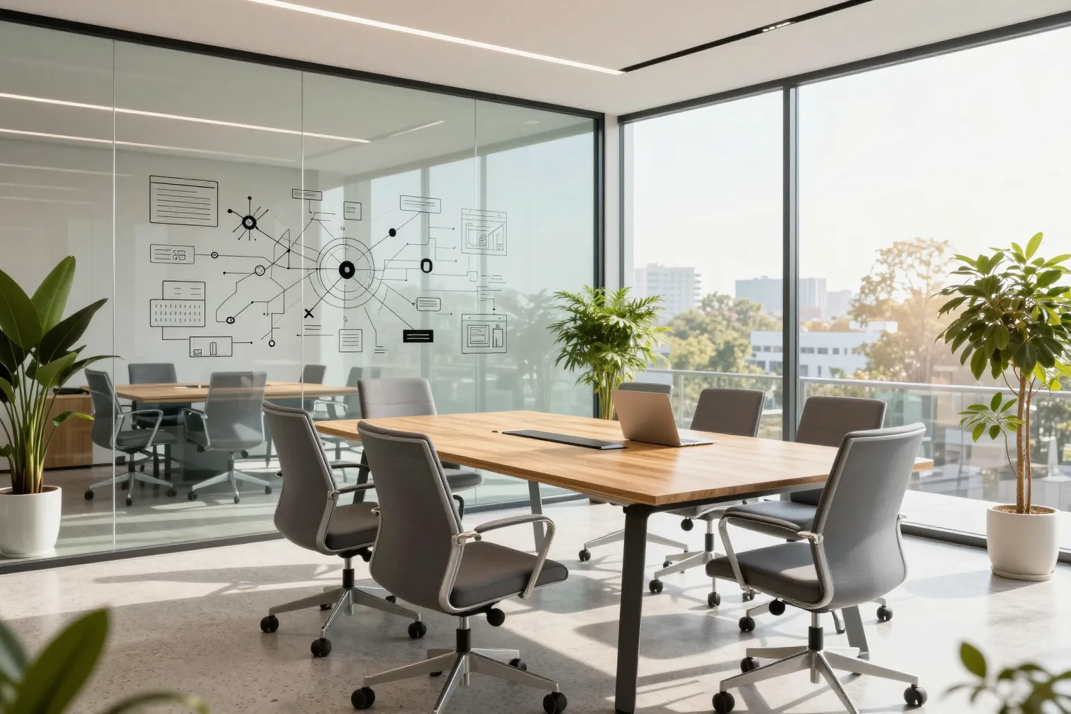 Bright airy modern consulting office with natural daylight