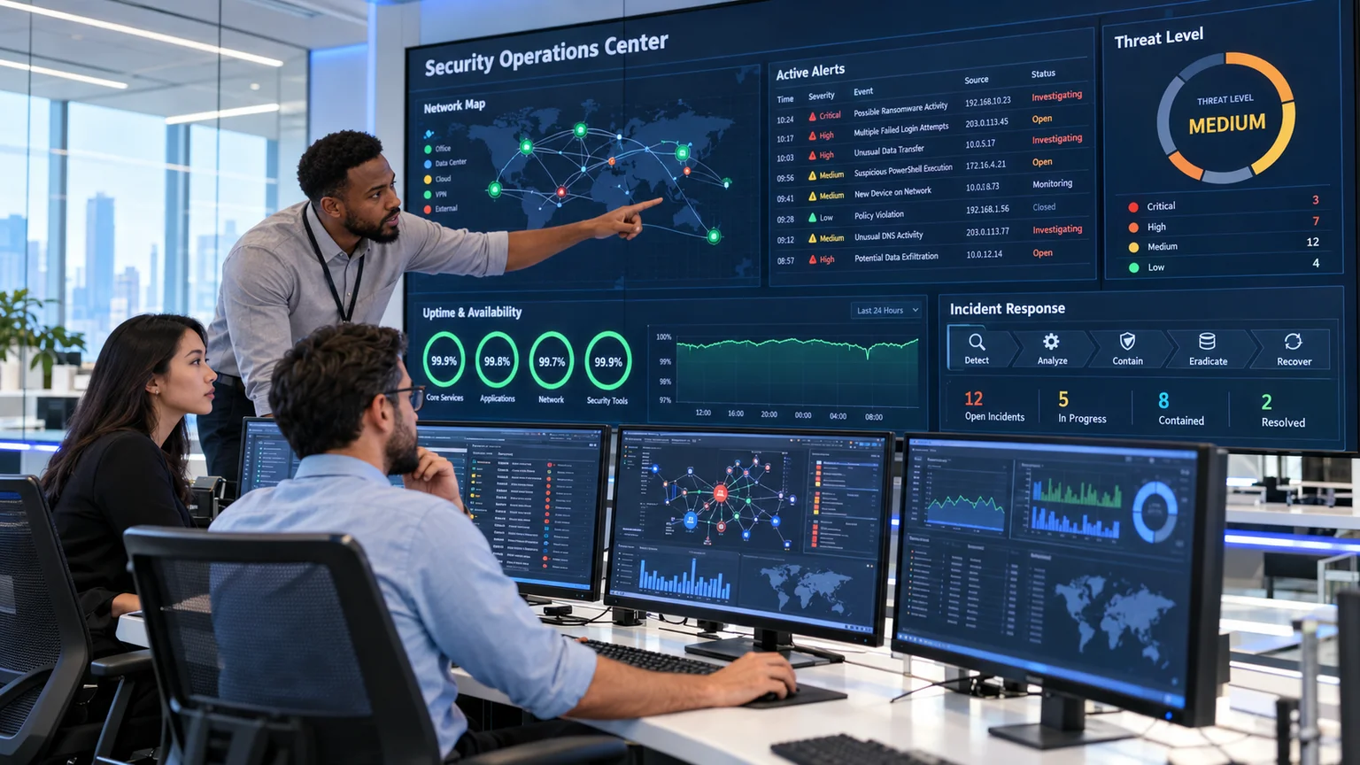 Analysts monitoring a security operations center dashboard, representing managed cybersecurity for Dallas Fort Worth businesses