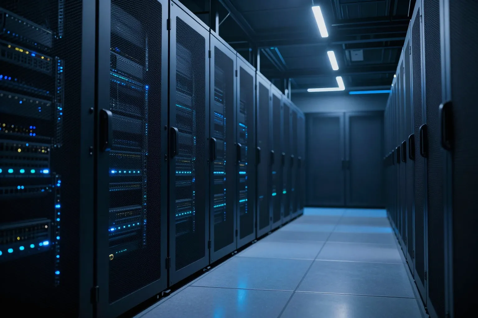 Security operations center with electric-blue monitoring dashboards