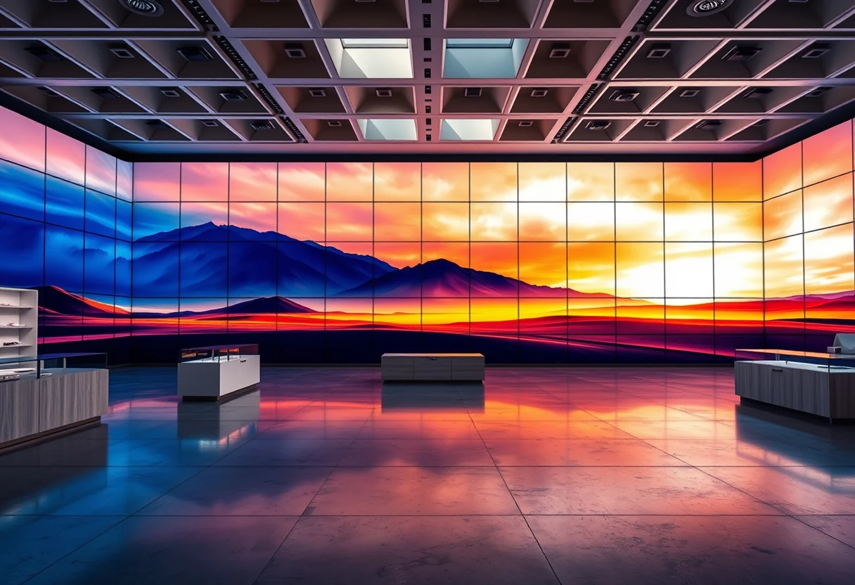 Bright lobby with vibrant digital signage video walls