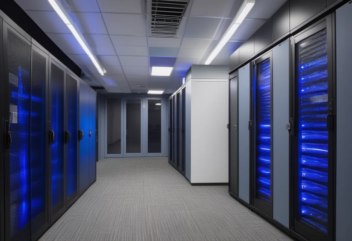 On-premise server rack beside a modern office